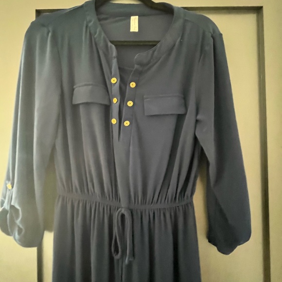 Blue navy dress , gold buttons, elastic waist band - Picture 5 of 6